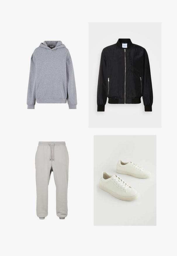 Mustmust värvi bomber-jakk, millel on lukk ees, soonikkoelus ja -randmed, lukuga küljetaskud ning sile ja läikiv tekstuur.; Helehall halli pullover kapuutsiga, pikkade varrukatega, eesmine kängurutasku ja soonikkoes mansettidega valgel taustal.; Heledad hallhall kangad, millel on elastsed talje, reguleeritav pael, küljetaskud ja soonikkoes sääreosad.; Valged tennised, mis on valmistatud tekstureeritud sünteetilisest materjalist, varustatud ümarate ninade, paeltega kinnitamise ja veidi tõstetud kummisest tallaga.