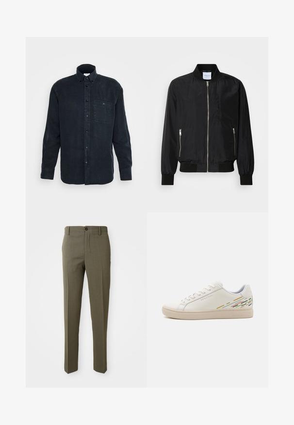 Veste bomber noire avec fermeture éclair à l'avant, col et poignets côtelés, poches latérales zippées et texture lisse et élégante.; Chemise boutonnée à manches longues bleu marine, fabriquée en coton doux, avec une poche poitrine unique et un col classique.; Pantalons ajustés vert olive avec une texture lisse, coupe droite, bouton avant unique et poches latérales pour la fonctionnalité.; Baskets en cuir blanc avec une texture lisse, présentant des motifs de lignes colorées au niveau du talon et une semelle en caoutchouc beige.