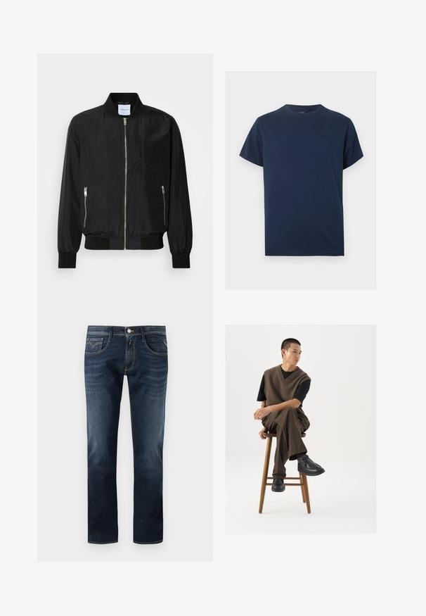 Schwarze Bomberjacke mit Reißverschluss vorne, geripptem Kragen und Bündchen, seitlichen Reißverschlusstaschen und einer eleganten, glatten Textur.; Marineblaues T-Shirt mit kurzen Ärmeln und Rundhalsausschnitt, versehen mit einem kleinen, dezenten gestickten Logo auf der linken Brust.; Dunkelblaue Jeans aus Denim mit einem klassischen geraden Bein Design, ausgestattet mit fünf Taschen, einem Knopfverschluss vorne und dezenten Steppnähten.; Brauner Strickwesten über einem schwarzen T-Shirt, kombiniert mit braunen weiten Hosen und schwarzen klobigen Schuhen, auf einem Holzschemel sitzend.