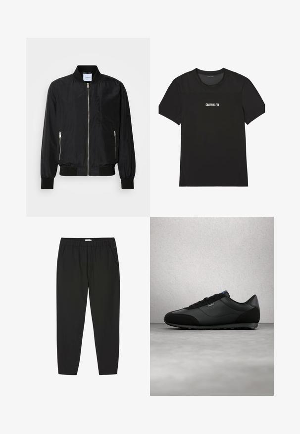 Veste bomber noire avec fermeture éclair à l'avant, col et poignets côtelés, poches latérales zippées et texture lisse et élégante.; T-shirt de sport noir à manches courtes avec empiècements en mesh sur le haut de la poitrine et les épaules, arborant le logo "Calvin Klein" centré sur le devant.; Pantalon noir avec taille élastique, jambes droites et poches latérales, conçu pour un usage décontracté ou professionnel.; Baskets noires en cuir à texture lisse, dotées d'une conception basse, d'un bout rond et d'un laçage frontal. Étiquette de marque bleue présente.