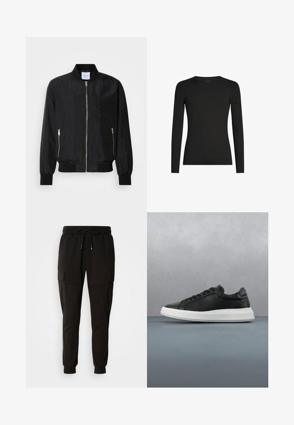 Chaqueta bomber negra con cierre frontal, cuello y puños acanalados, bolsillos laterales con cremallera y una textura suave y elegante.; Camiseta negra de manga larga ajustada con cuello redondo y un sutil logo de Icebreaker en la manga izquierda, mostrada sobre un fondo blanco.; Pantalones de chándal negros con cintura elástica y cordón. Presenta bolsillos tipo cargo a los lados y puños elásticos en los tobillos.; Deportivas de cuero negro con un acabado suave, suela de goma blanca, forma redondeada, seis ojales para los cordones y un diseño sutil en el talón.