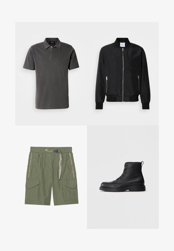 Schwarze Bomberjacke mit Reißverschluss vorne, geripptem Kragen und Bündchen, seitlichen Reißverschlusstaschen und einer eleganten, glatten Textur.; Dunkelgraues Poloshirt aus weicher Baumwolle. Verfügt über einen Kragen mit zwei Knöpfen, kurze Ärmel und einen geraden Saum.; Zign Studio CARGO - Shorts - olive; Schwarze strukturierte Leder-Schnürstiefelette mit dicker Sohle und Zuglasche hinten, Seitenansicht.