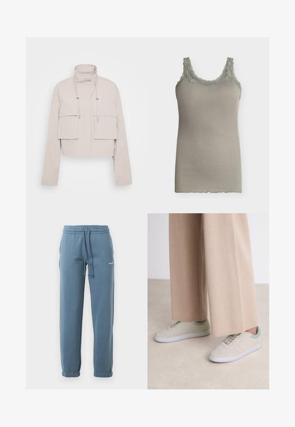 Veste beige raccourcie en tissu léger. Dotée d'un col montant, de deux poches à rabat à l'avant et de cordons ajustables au niveau du cou.; Débardeur sans manches en maille côtelée olive clair avec bordure en dentelle florale sur l'encolure et les bretelles, ourlet droit, coupe ajustée.; Pantalons joggers bleu à taille élastique avec cordon de serrage ajustable, poches latérales, poignets élastiques et petit logo blanc sur la cuisse gauche.; Baskets beiges avec des accents vert clair, fabriquées dans un matériau doux, présentant un design classique, un bout rond et des semelles en caoutchouc blanches.