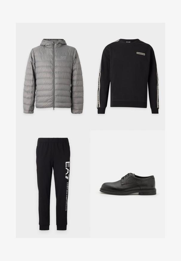 Hall kapuutsiga sulgjate talvejope horisontaalse triibutusega ja ees tõmblukuga, millel on vasakul rinnal EA7 Emporio Armani logo.; Must pikkade varrukatega ümarakaelusega dressipluus EA7 Emporio Armani logoga rinnal ja kaubamärgitud triipudega mõlemal varrukal.; Mustad mustad, mis on valmistatud venivast kangast. Funktsioonideks on elastne vöökoht, kitsenevad varrukad ja valge bränding vasakul jalal.; Emporio Armani LACED SHOE - Paeltega jalanõud - nero