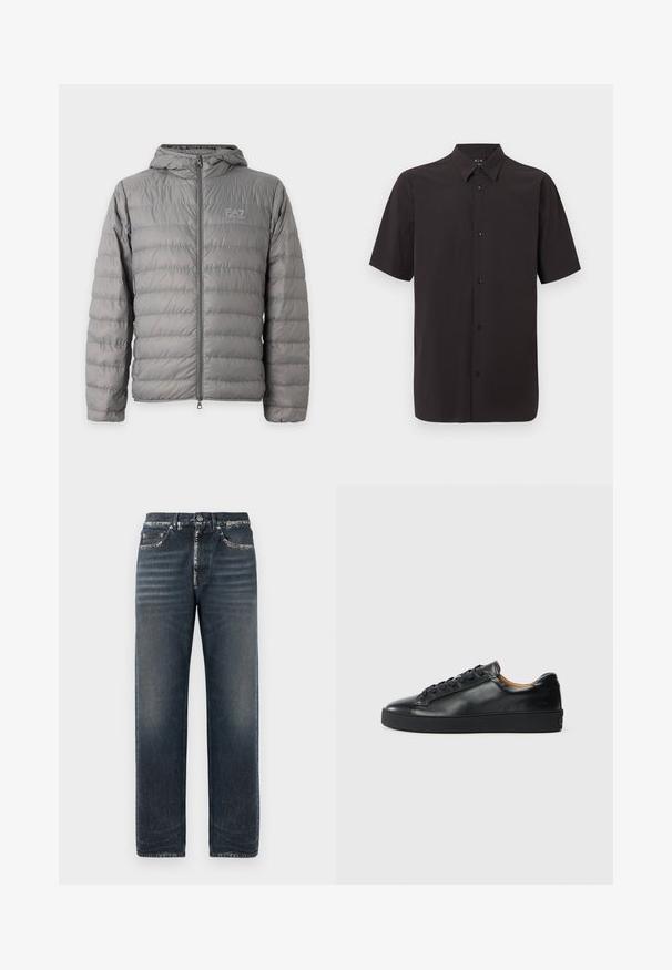 Graue gesteppte Kapuzenjacke mit horizontaler Steppung und Vorderreißverschluss, mit EA7 Emporio Armani-Logo auf der linken Brust.; Schwarzes Kurzarmhemd mit Knöpfen und spitzem Kragen, flach auf einem einfarbigen hellen Hintergrund ausgebreitet.; Dunkelblaue Denim-Jeans mit entspannter Passform, dezent ausgewaschen, mit geradem Bein und klassischem Fünf-Taschen-Design.; Schwarze Leder-Sneaker mit glatter Textur, runder Zehenpartie und Schnürverschluss. Verfügt über eine dicke Gummisohle und minimalistische Marken-Details.