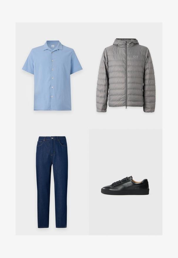 Harmaa hupullinen toppatakki, jossa vaakasuora tikkaus ja vetoketju edessä, vasemmassa rinnassa EA7 Emporio Armani -logo.; Vaaleansininen lyhythihainen paita, jossa on teksturoitu kangas, terävä kaulus ja neljä nappia edessä. Mukautettu istuvuus.; Les Benjamins Straight leg -farkut - rinse wash; Musta nahkakenkä, jossa on sileä pinta, pyöreä kärki ja nauhakiinnitys. Varusteena paksu kumipohja ja minimaalinen brändäys.