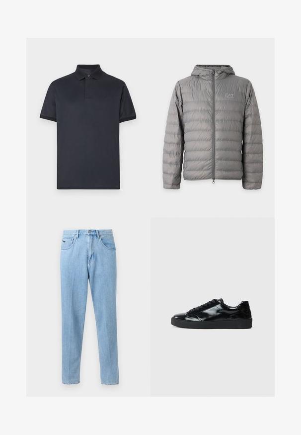 Doudoune grise à capuche avec matelassage horizontal et fermeture éclair à l’avant, avec le logo EA7 Emporio Armani sur la poitrine gauche.; Polo bleu marine en coton doux. Il présente un col classique, des manches courtes et un logo discret sur la poitrine.; Jean en denim bleu clair à coupe droite avec poches avant, passants de ceinture et fermeture à bouton sur un fond neutre.; Baskets en cuir verni noir avec un bout arrondi, un laçage, une semelle en caoutchouc texturé et une finition lisse.