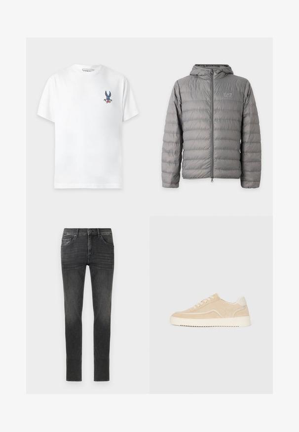 Doudoune grise à capuche avec matelassage horizontal et fermeture éclair à l’avant, avec le logo EA7 Emporio Armani sur la poitrine gauche.; T-shirt blanc à manches courtes avec un petit dessin coloré du visage de Bugs Bunny sur le côté gauche de la poitrine et un col rond.; Jean en denim gris foncé à coupe slim, doté de cinq poches, d'une fermeture éclair et de détails de décoloration subtils à l'avant et à l'arrière.; Baskets en daim beige avec semelle et lacets blancs, design basse, et motif de semelle en zigzag.