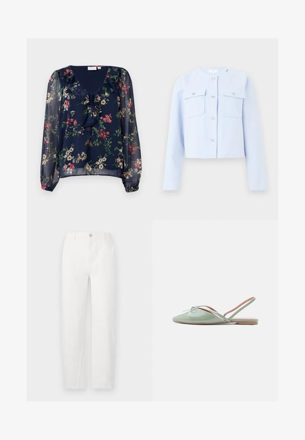Lysblå cropped jakke lavet af blødt stof, med to brystlommer og sølvfarvede knaplukninger. Rundet halsudskæring og lange ærmer.; Mørkeblå, gennemsigtig bluse med blomsterprint. Har en v-halsudskæring, flæse detaljer og lange, puffede ærmer med elastiske manchetter.; Hvide straight-leg jeans lavet af denim, med knaplukning, to frontlommer og rene syninger. Simpelt design uden synlige mønstre.; Skinnende bleggrøn flad sko med spids tå, slingback-strop og lille dekorativ sløjfe på toppen, vist fra siden på en hvid baggrund.