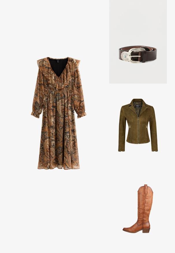 Chaqueta de ante marrón con cremallera frontal, dos bolsillos con cremallera, ajuste entallado y forro interior estampado.; Largo vestido marrón de paisley con escote con volantes y mangas largas. El estampado presenta colores negro, crema y óxido; tejido ligero y fluido.; Botas de cuero marrón hasta la rodilla con punta ligeramente afilada, costura decorativa y un tacón modesto. Acabado texturizado con una lengüeta en la parte posterior.; Cinturón de cuero marrón con una hebilla ancha de plata decorativa que presenta un acento turquesa y detalles intrincados a lo largo del borde de la hebilla.