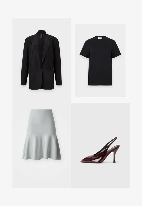Blazer noir oversize avec revers crantés, manches longues et devant ouvert, présenté sur un fond blanc.; T-shirt noir à manches courtes et col rond avec une étiquette blanche portant la mention "FILIPPA K" à l'intérieur du col arrière, présenté sur un fond blanc.; Jupe évasée bleu clair en tissu texturé. Elle présente une taille ajustée et un ourlet souple et ondulé. Design simple sans motifs.; NEOUS HAMAL - Escarpins à talons hauts - dark chocolate