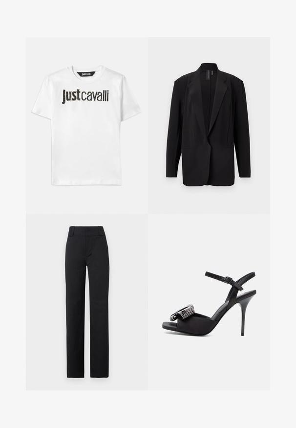Blazer negro extragrande con solapas con muesca, mangas largas y parte delantera abierta, exhibido sobre un fondo blanco.; Camiseta de algodón blanca con el texto "Just Cavalli" en negro y un acabado texturizado. Cuello redondo clásico y mangas cortas.; Pantalones negros de tiro alto y pernera recta con trabillas anchas para cinturón, cremallera frontal y corte ajustado, adecuados para ropa formal o de oficina.; Sandalia negra de tacón alto con delgada correa en el tobillo y lazo en forma de mariposa decorado con pedrería en la parte delantera.