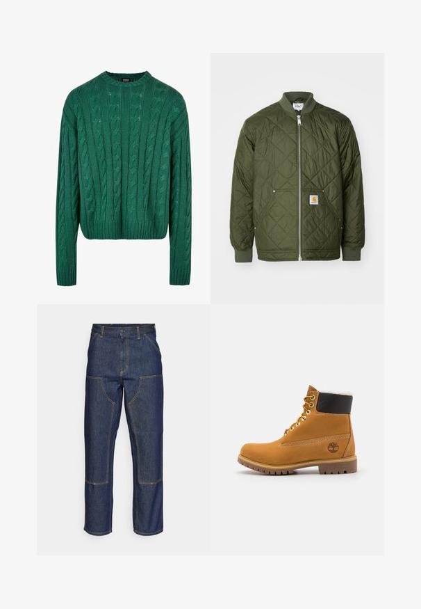 Chaqueta acolchada verde con cierre frontal, puños acanalados y un bolsillo en el pecho que presenta un logo. El material es suave y ligero.; Suéter verde de punto trenzado con cuello redondo y mangas largas. Presenta un diseño corto y un patrón texturizado en toda la prenda.; Jeans de mezclilla azul oscuro con cintura alta, diseño de pierna recta, costuras contrastantes y bolsillos de parche en la parte delantera.; Botín de cuero marrón con ojales de metal, forro de piel sintética blanca, cuello acolchado negro, suela resistente y logotipo en relieve en el costado.