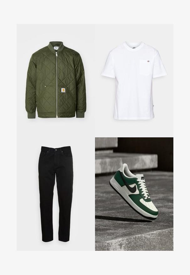 Chaqueta acolchada verde con cierre frontal, puños acanalados y un bolsillo en el pecho que presenta un logo. El material es suave y ligero.; Camiseta de algodón blanca con cuello redondo, mangas cortas y un bolsillo en el pecho que presenta un pequeño logotipo de la marca en el lado izquierdo.; Jeans negros ajustados con cierre de botón frontal y diseño de cinco bolsillos, mostrados sobre un fondo gris claro liso.; Zapatilla Nike Air Force 1 verde y blanca con el logo negro, flotando sobre una superficie de hormigón con escaleras desenfocadas al fondo.