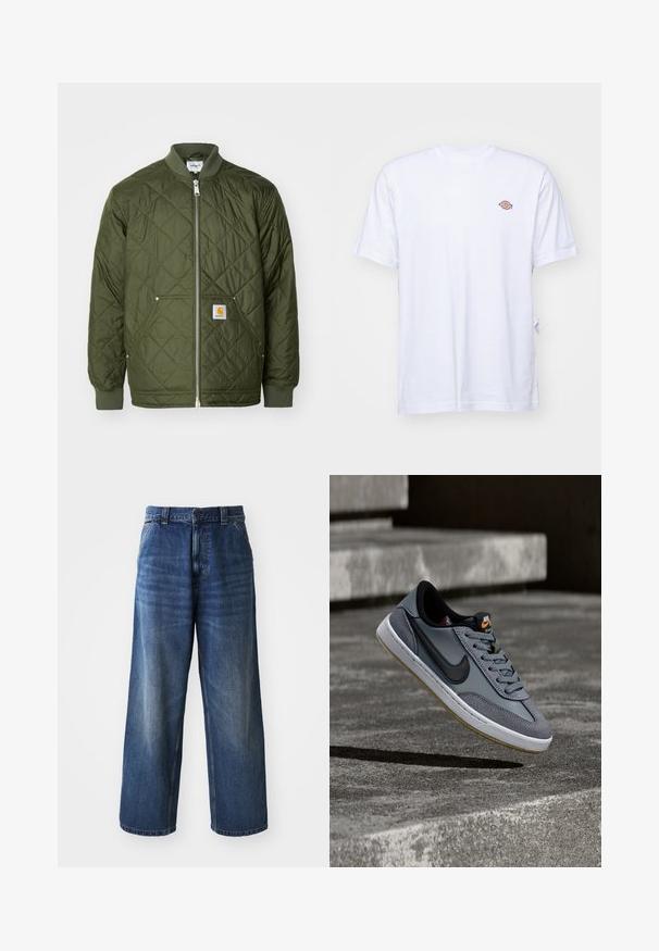 Chaqueta acolchada verde con cierre frontal, puños acanalados y un bolsillo en el pecho que presenta un logo. El material es suave y ligero.; Camiseta de algodón blanca con cuello en V y mangas cortas. Presenta un pequeño logo bordado de colores en el lado izquierdo del pecho. Textura suave.; Jeans de mezclilla azul de cintura alta con un diseño de pierna ancha, que presentan un ligero desvanecimiento, bolsillos delanteros y un cierre de botón en la cintura.; Zapatilla Nike de cuero y ante gris, con el logo swoosh negro, entresuela blanca y suela exterior de goma texturizada con detalles en color gomoso.