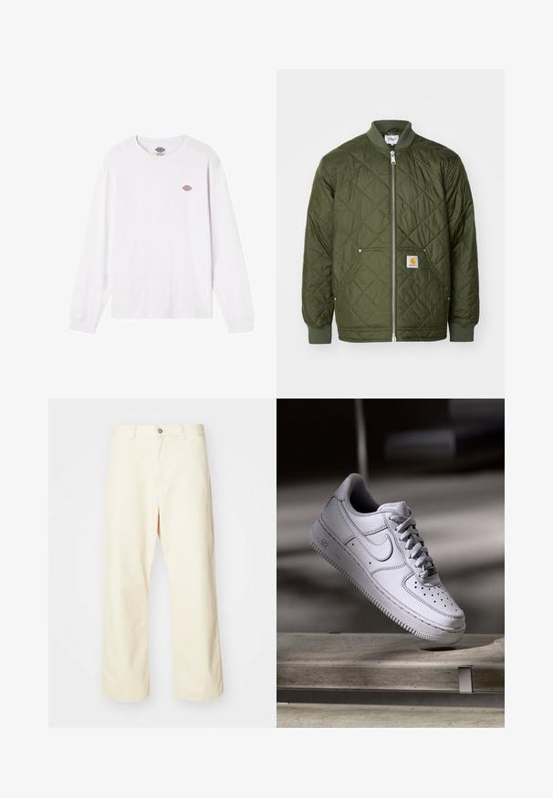 Chaqueta acolchada verde con cierre frontal, puños acanalados y un bolsillo en el pecho que presenta un logo. El material es suave y ligero.; Camiseta blanca de manga larga hecha de algodón. Presenta un pequeño logo multicolor en el pecho. Diseño simple con puños acanalados.; Pantalones de pierna ancha color crema hechos de algodón, con cierre de botón, presillas para cinturón y dobladillo cosido. Textura suave, sin patrones visibles.; Zapatilla Nike Air Force 1 de cuero blanco que presenta una puntera perforada, cordones planos y una suela de goma texturizada con la marca "AIR" en el lateral.
