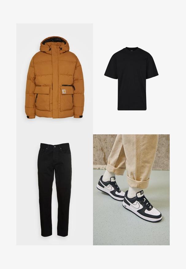 Doudoune marron avec capuche, fermeture éclair, deux poches avant, accents de fermeture éclair noirs et une étiquette de logo sur la poche gauche. Texture lisse.; T-shirt noir à manches courtes avec col rond, coupe décontractée, design simple sans logos ni motifs visibles.; Jean slim noir avec fermeture à bouton à l'avant et design à cinq poches, présenté sur un fond gris clair uni.; Baskets Nike Air Force 1 en noir et blanc avec un dessus en cuir, orteil perforé et détail de semelle texturée, portées avec un pantalon beige retroussé et des chaussettes blanches.