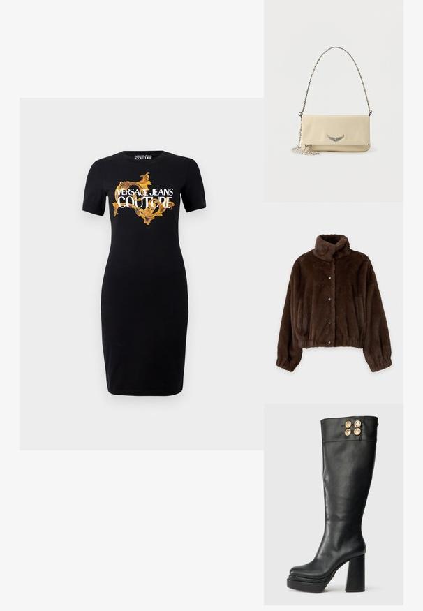 Braune kurz geschnittene Jacke aus Kunstfell mit hohem Kragen, Druckknöpfen vorne, langen Ärmeln sowie elastischen Bündchen und Saum.; Schwarzes, tailliertes Kleid mit kurzen Ärmeln, das das gold-weiße "VERSACE JEANS COUTURE"-Logo und komplexe goldene Muster auf der Vorderseite zeigt.; Schwarze kniehohe Lederstiefel mit klobigem Absatz und Plattformsohle, ausgestattet mit vier dekorativen goldenen Knöpfen nahe der oberen Kante.; Cremefarbenes Leder-Umhängetasche mit silberner Kettenriemen, ausgestattet mit einem flügelförmigen Metalllogo auf der Vorderseite und einer Reißverschlusstasche.