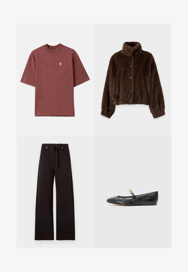 Chaqueta corta marrón de piel sintética con cuello alto, botones a presión en la parte frontal, mangas largas y puños y bajo elásticos.; Camiseta de algodón granate de corte relajado, mangas cortas y cuello redondo. Presenta un pequeño logotipo dorado "C" en el pecho izquierdo.; Pantalones negros de pierna ancha con bolsillos frontales, trabillas para cinturón y un cordón de tela en la cintura, mostrados sobre un fondo liso.; Bailarina de cuero negro con punta afilada, cinta delgada y un pequeño detalle dorado cerca de la cinta. Textura suave y tacón bajo.