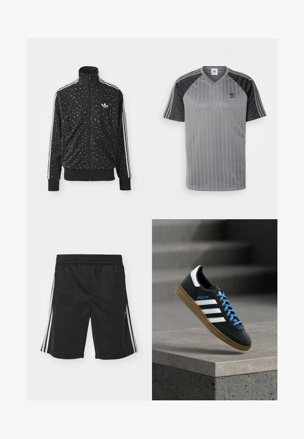 Sort zip-up jakke med leopardmønstret tekstur, hvide striber langs skuldrene og et lille hvidt logo på brystet.; adidas Originals T-shirts print - black/grey; Sorte sportsshorts med elastisk talje, med hvide sidestriber og en glat stofstruktur. Ingen yderligere dekorationer.; Sort Adidas sneaker med hvide striber, blå snørebånd og gummisål, der svæver over gråt betontrin i blødt lys.