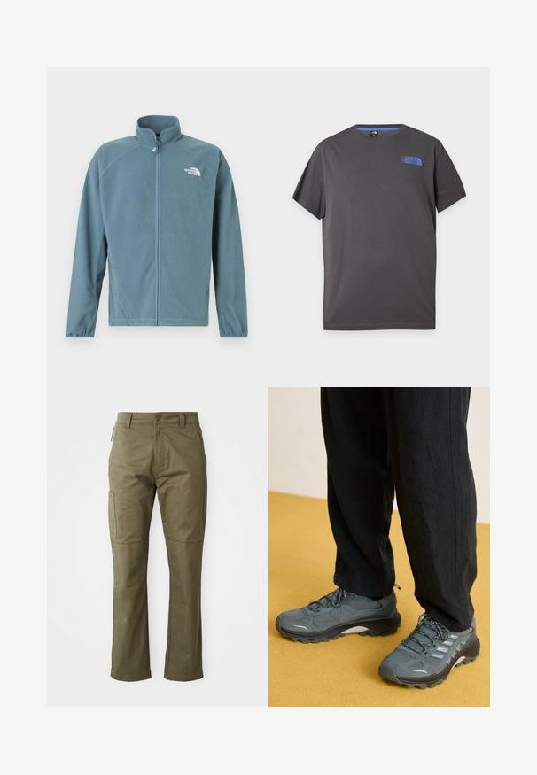 Fleecejakke i dæmpet teal med lynlås foran, høj krave og det hvide logo på venstre bryst. Har lange ærmer og en blød tekstur.; Mørkegrå T-shirt med korte ærmer og rund hals med lille blå The North Face-logo på øverste venstre bryst mod hvid baggrund.; Khaki cargo bukser lavet af slidstærkt bomuldsstof, med sidelommer, lige ben og lynlåsåbning med knaplukning.; Grå mesh- og syntetiske sportssko med fremtrædende såler, reflekterende accenter og snørebåndsdesign, parret med løse sorte bukser.