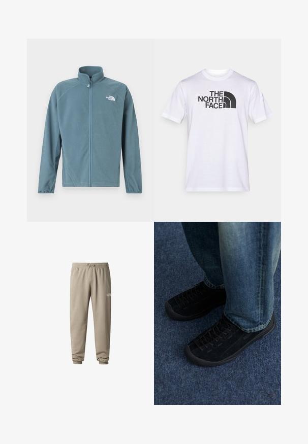 Chaqueta de forro polar en verde azulado apagado con cremallera frontal, cuello alto y el logo blanco en el pecho izquierdo. Presenta mangas largas y una textura suave.; Camiseta blanca de algodón con un logo negro de "THE NORTH FACE" y un elemento de diseño curvo. Mangas cortas y cuello redondo.; Pantalones deportivos de color beige claro hechos de tela suave, con una cintura elástica con cordón y puños en los tobillos. Detalle pequeño de logo.; Zapatillas de ante negro con superficie texturizada, cordones sutiles y suelas de goma duraderas, combinadas con jeans de denim azul.