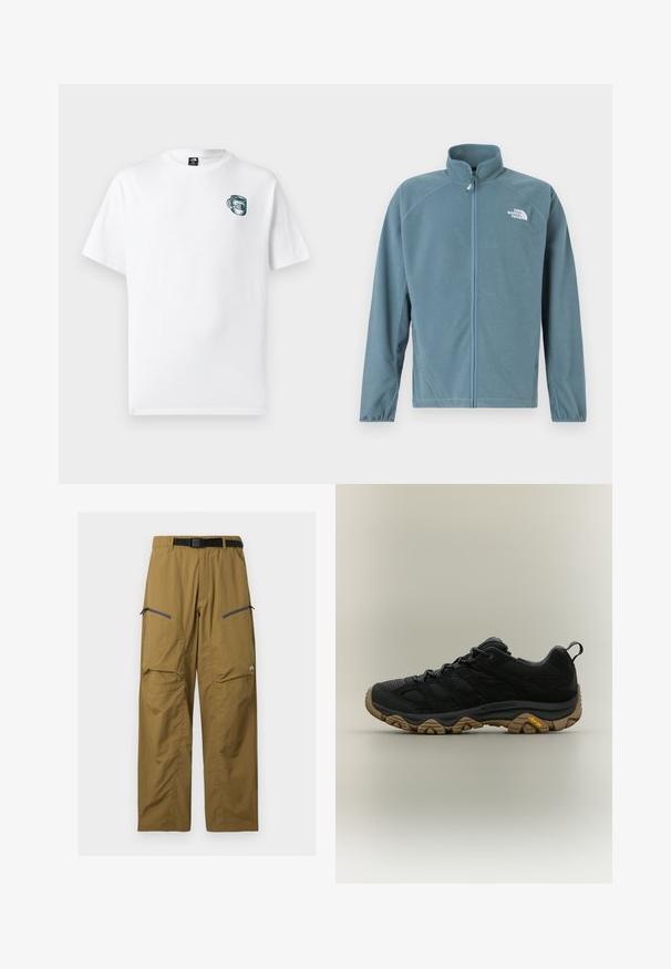 Fleece jacket in muted teal with a zip front, high collar, and the white logo on the left chest. Features long sleeves and a soft texture.; White short-sleeve T-shirt with small green cup graphic and "The North Face" logo on the left chest.; Khaki outdoor pants with black adjustable belt, two zippered thigh pockets, and knee seams, displayed on a plain background.; Black hiking shoe with brown textured Vibram sole and pull tab on heel, shown in side profile on neutral background.