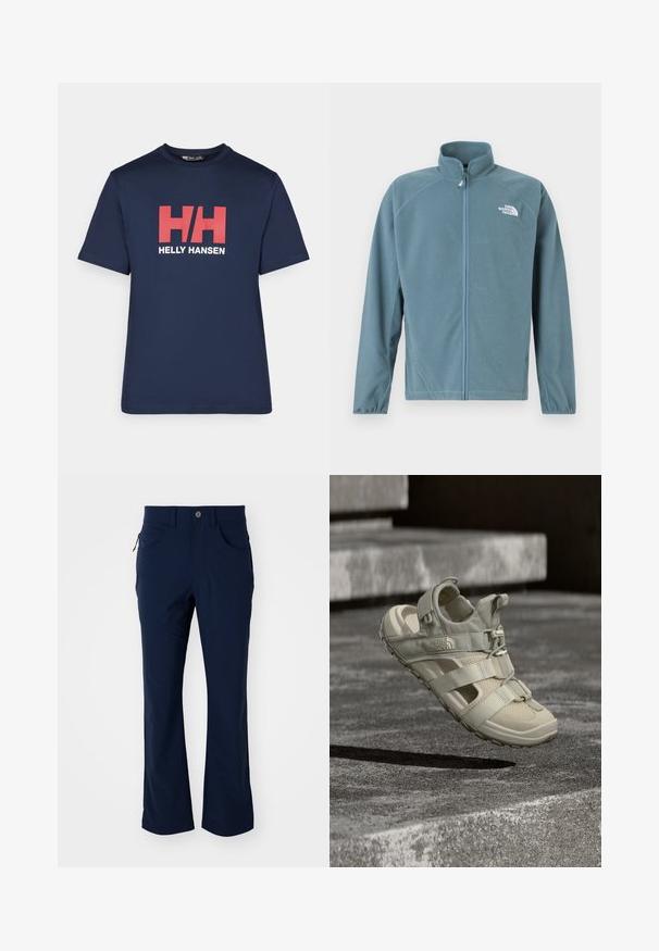 Chaqueta de forro polar en verde azulado apagado con cremallera frontal, cuello alto y el logo blanco en el pecho izquierdo. Presenta mangas largas y una textura suave.; Camiseta de algodón de color azul marino con mangas cortas, que presenta un destacado logo en rojo y blanco con las letras "HH" y el texto "HELLY HANSEN" debajo del logo.; Pantalones de pierna recta azul marino con pasadores para cinturón, cierre de botón, bolsillos frontales y un bolsillo lateral con cremallera sobre un fondo blanco.; Sandalia beige para exteriores hecha de material ligero, con paneles de malla, correas ajustables y suela de goma texturizada con diseño de dibujo.