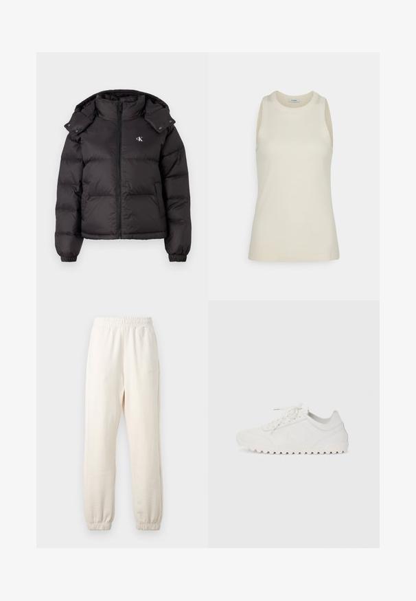 Sort vinterjakke med høj krave, lynlås lukning og broderet logo på brystet. Har elastiske manchetter og en aftagelig hætte.; IVY OAK KLARA ANN - Top - almond milk; Kremfarvede joggingbukser med elastisk linning og manchetter, vist fladt mod en lys baggrund.; Hvide atletiske sko med en tekstureret overdel, flade snørebånd og en rillede gummisål. Har et subtilt logo præget på siden.