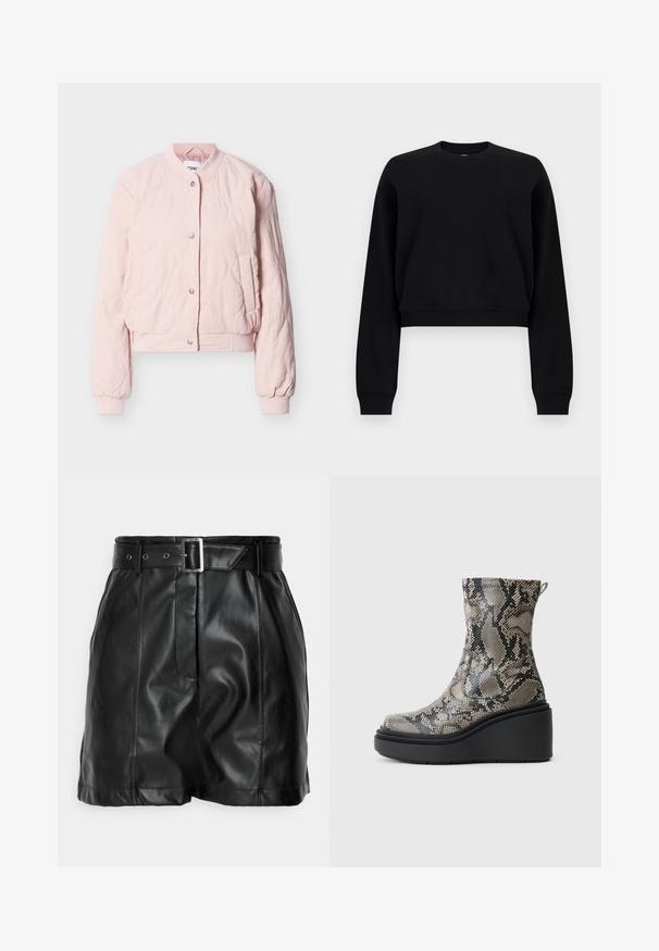 Lichtroze gewatteerd bomberjack met drukknoopsluiting, geribde kraag en manchetten, en twee voorzakken, plat gelegd op een witte achtergrond.; Zwarte, cropped sweatshirt met lange mouwen, geribde ronde hals, boorden en zoom, getoond op een effen lichtgrijze achtergrond.; Zwarte leren shorts met een gladde textuur, hoge taille en een brede riem met een rechthoekige zilveren gesp. Geplooid ontwerp aan de voorkant.; Hoge hakken enkellaarsjes in een slangenhuidpatroon, met grijze en zwarte tinten, een chunky zwarte plateauzool en een textuur bovenkant.