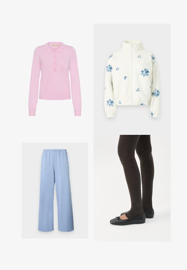 Hvid fleecejakke med blomstermønster i blå. Har høj krave og lynlås foran. Manchetter på ærmerne og afslappet pasform.; Rosa strikket langærmet polo sweater med krave, der har en fem-knaps placket og ribbet kant. Blød tekstur, tætsiddende design.; Lyseblå vidde bukser med elastisk linning, glat stof og minimalistisk design, vist mod en ensfarvet hvid baggrund.; Ben iført mørke ribbede leggings kombineret med sorte balletsko med små sløjfedetaljer på hvid baggrund.