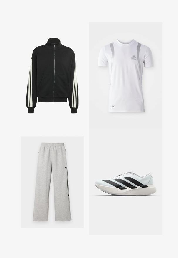 Veste de survêtement noire zippée avec col montant, motifs blancs à trois bandes sur les manches et poche kangourou à l'avant.; T-shirt de sport blanc à manches courtes avec des accents argentés, présentant un col rond et un logo Adidas sur la poitrine. Fabriqué en tissu évacuant l'humidité.; Pantalon de jogging large gris clair avec taille élastique et logo Adidas trefoil noir sur la cuisse droite.; Chaussure de course blanche avec trois larges bandes noires sur le côté et une semelle épaisse et incurvée portant la mention Lightstrike Pro.