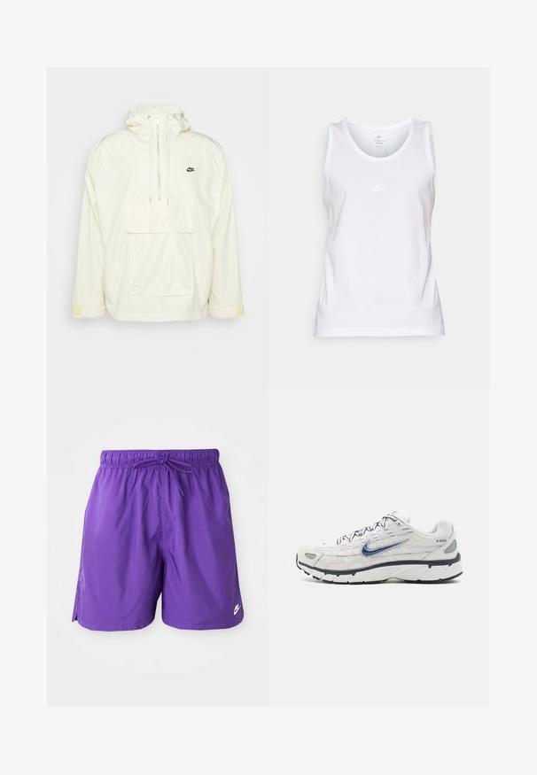 Anorak blanco de nylon con capucha, bolsillo frontal, cordones ajustables y acentos amarillos en los puños; presenta un pequeño logo negro.; Camiseta sin mangas de algodón blanca con escote redondo, diseño sin mangas y un pequeño logotipo tonal de Nike en la parte frontal. Textura suave.; Bañador morado con cintura elástica y cordón. Presenta aberturas laterales y un pequeño logo blanco en el dobladillo inferior. Textura suave.; Nike Sportswear P 6000 - Zapatillas - phantom/obsidian/summit white/white/black/metallic silver