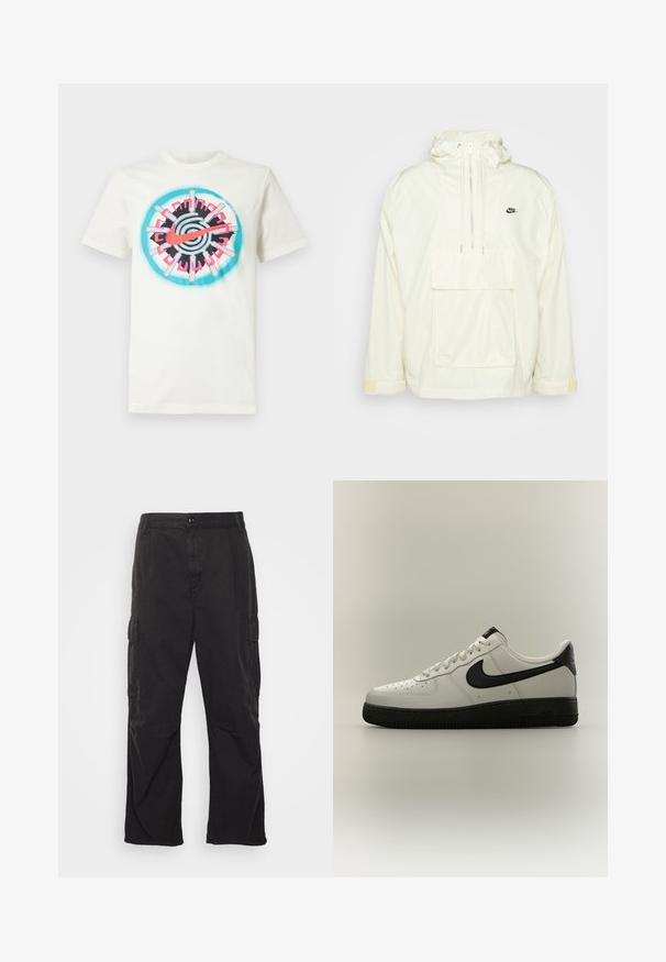 Anorak blanco de nylon con capucha, bolsillo frontal, cordones ajustables y acentos amarillos en los puños; presenta un pequeño logo negro.; Camiseta de algodón blanca que presenta un gráfico colorido en el centro en tonos rosa, negro y verde azulado con un diseño circular y el logotipo de Nike. Mangas cortas.; Pantalones cargo negros con un diseño de pierna recta, que cuentan con dos bolsillos laterales, un cierre de botón y una tela texturada.; Zapatilla baja blanca con el logo de Nike en negro, lengüeta trasera negra y suela gruesa negra sobre un fondo neutro.