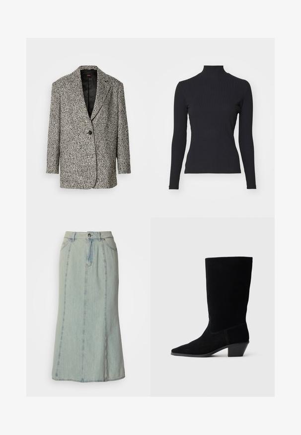 Textureret sort-hvid houndstooth blazer med notch lapel, en enkelt sort knap og et quiltet sort for. Lange ærmer, afslappet pasform.; Sort ribbet turtle-sweater med lange ærmer. Lavet af strækbart stof med en tætsiddende pasform og høj krave. Enkel design uden udsmykninger.; Lys blå denim midi-nederdel med frontknap, lynlås lukning, bæltestropper og lodrette søm-detaljer.; Sort ruskind ankelstøvle med spidse tæer, mellemhøj skaft og en chunky hæl. Fuldender et minimalistisk design med lidt syninger og en glat tekstur.