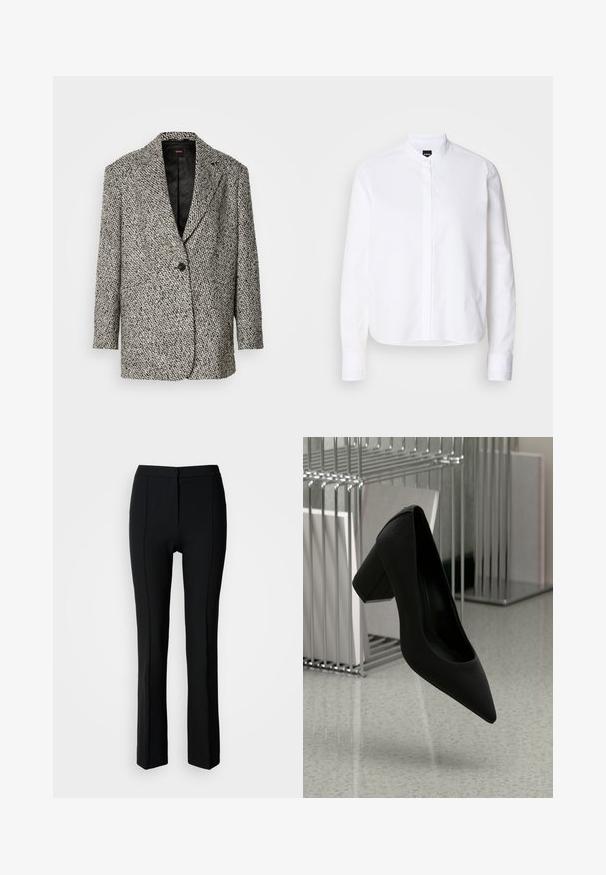 Savuinen mustavalkoinen houndstooth-takkimallinen bleiseri, jossa on lovetetut kaulukset, yksi musta nappi ja tikattu musta vuori. Pitkät hihat, rento istuvuus.; Valkoinen kauluspaita, jossa on etupaneeli, pitkät hihat ja nappiteknat. Valmistettu sileästä puuvillakankaasta, joka on rakenteeltaan napakka.; Musta housut, joissa on räätälöity istuvuus, sileä pinta, suorajalkaiset mallit ja hienovaraiset etusaumadetaillat.; Mustat korkokengät, joissa on kapea kärki ja särmäinen korko, valmistettu teksturoidusta nahasta, riippuvat sileän lattian yläpuolella.
