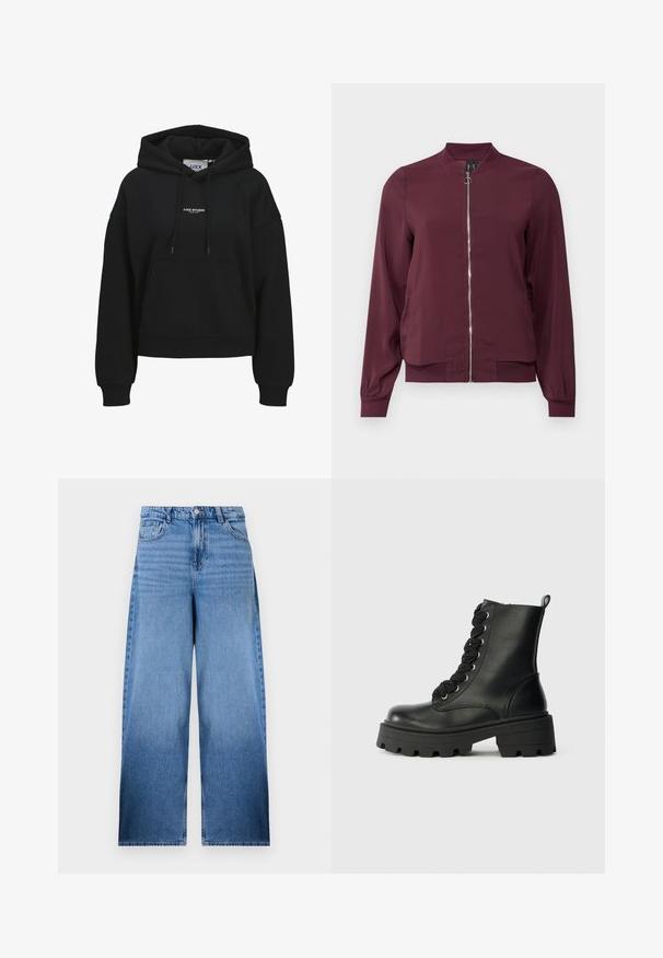 Bordeaux bomberjack met een rits aan de voorkant, ronde halslijn en geribde manchetten. Gemaakt van gladde stof met een eenvoudig, klassiek ontwerp.; Zwarte hoodie met voorzak, capuchon met trekkoorden, geribbelde boorden en zoom, en kleine witte tekst "JJXX STUDIO" gecentreerd op de borst.; Lichtblauwe wijde jeans van denim, met hoge taille, vijf zakken, ritssluiting en knoopsluiting. Bevat subtiele vervaging voor textuur.; Zwarte leren enkelboot met chunkyzool, ronde neus en verhoogde hak. Voorzien van zwarte veters en metalen oogjes voor een veilige sluiting.
