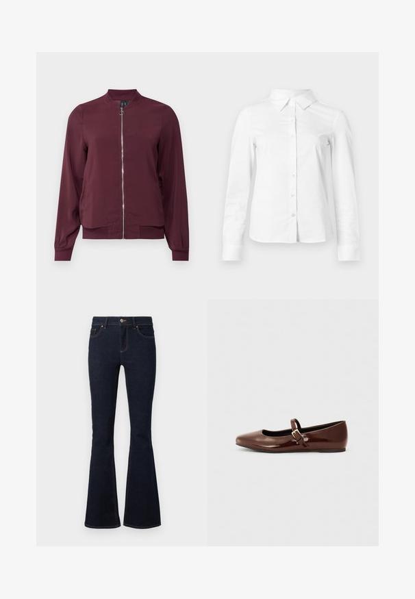 Veste bomber bordeaux à fermeture éclair, col rond et poignets côtelés. Fabriquée dans un tissu lisse avec un design simple et classique.; Chemise blanche à manches longues avec boutons, col pointu, ourlet droit et silhouette ajustée, présentée sur un fond clair uni.; Jean évasé bleu marine en denim, avec une taille ajustée, un design classique à cinq poches et des coutures contrastantes le long des coutures.; Ballerine en cuir verni marron avec un bout carré et une lanière ornée d'une petite boucle dorée. Texture lisse, talon bas et design minimaliste.