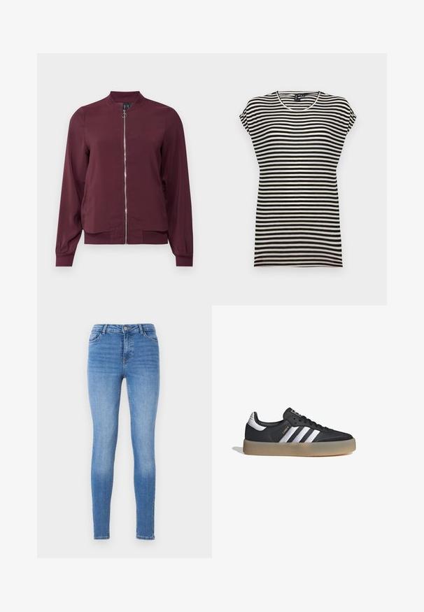 Chaqueta bomber burdeos con cremallera frontal, cuello redondo y puños de canalé. Fabricada con una tela suave y un diseño sencillo y clásico.; Camiseta de manga corta a rayas blancas y negras, con un cuello redondo, un corte relajado y una textura de tela de algodón suave.; Jeans ajustados en denim azul claro, con una cintura de media altura, diseño de cinco bolsillos y costuras tonales con una textura suave.; Zapatilla deportiva de cuero negro con tres rayas plateadas, punta texturizada y suela de goma. Cuenta con un collar acolchado y un diseño con cordones.