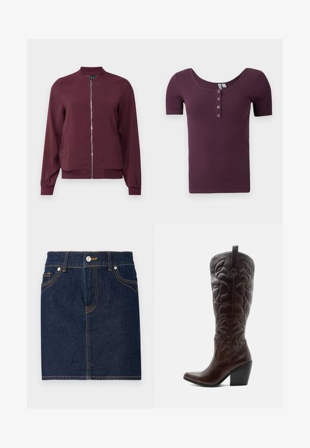 Bordeaux bomberjack met een rits aan de voorkant, ronde halslijn en geribde manchetten. Gemaakt van gladde stof met een eenvoudig, klassiek ontwerp.; Korte mouw, geribbelde pruimenpaarse henley shirt met ronde hals en vier zilverkleurige drukknoopjes op de voorste sluiting.; Donkerblauwe denim rok met zichtbare stiksels, vijf zakken en een knoopsluiting aan de voorkant. Rechte snit met een schone zoomlijn.; Lange donkerbruine leren cowboylaars met gestikte decoratieve patronen, spitse neus en gestapelde blokhak.