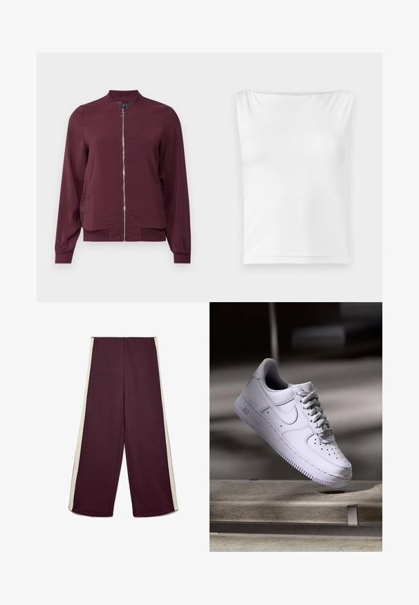 Veste bomber bordeaux à fermeture éclair, col rond et poignets côtelés. Fabriquée dans un tissu lisse avec un design simple et classique.; Haut sans manches blanc avec un décolleté droit, fabriqué en tissu lisse, doté d'une silhouette ajustée et sans matériel visible ni motifs.; Pantalon bordeaux à jambes larges avec bandes blanches sur les côtés, devant plat et taille haute.; Baskets Nike Air Force 1 blanches lévitant au-dessus d'une surface en béton avec des ombres dans un cadre minimaliste.