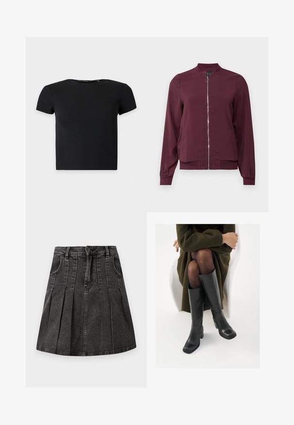 Veste bomber bordeaux à fermeture éclair, col rond et poignets côtelés. Fabriquée dans un tissu lisse avec un design simple et classique.; Top court noir à manches courtes en côte avec un col rond, présenté sur un fond clair uni.; Jupe en denim noir avec un design plissé, des passants de ceinture, des poches avant et une fermeture à boutons. Texture lisse avec un léger éclat.; Bottes en cuir noires arrivant au genou, avec un bout carré et un talon carré, présentées sur un modèle assis dans un manteau vert olive. Texture lisse, détails minimaux.