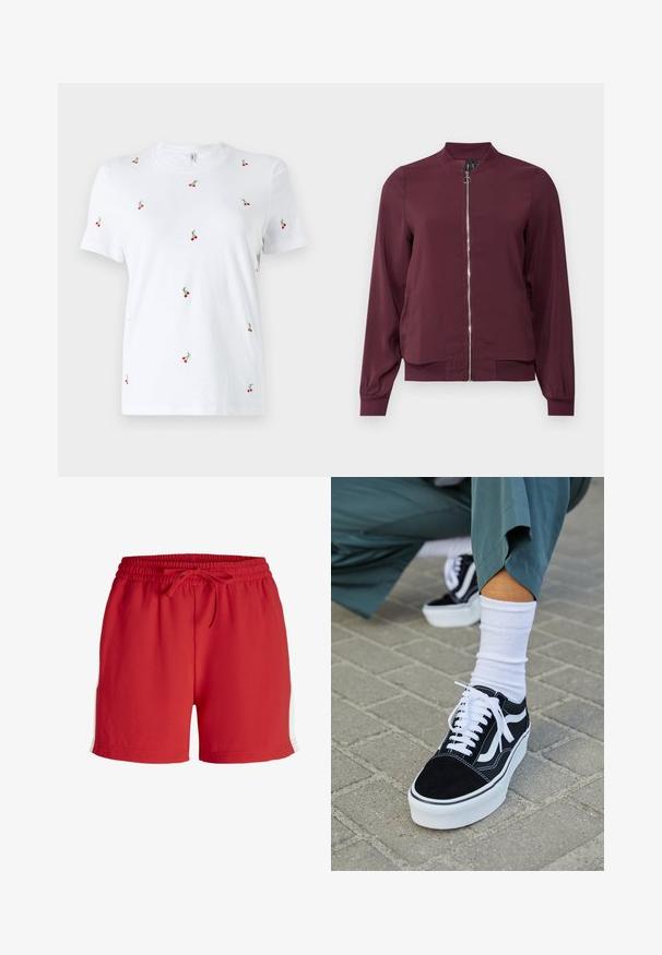 Bordeaux bomberjack met een rits aan de voorkant, ronde halslijn en geribde manchetten. Gemaakt van gladde stof met een eenvoudig, klassiek ontwerp.; Witte katoenen t-shirt met korte mouwen, voorzien van verspreide rode kersborduursels en groene stelen als opvallende decoratieve details.; Rode sportshorts van lichtgewicht materiaal, met een elastische tailleband met trekkoord en witte zijaccenten.; Zwarte suède sneaker met witte accenten en veters, uitgerust met een dikke witte zool en contrasterende stiksels, gecombineerd met een witte sok.