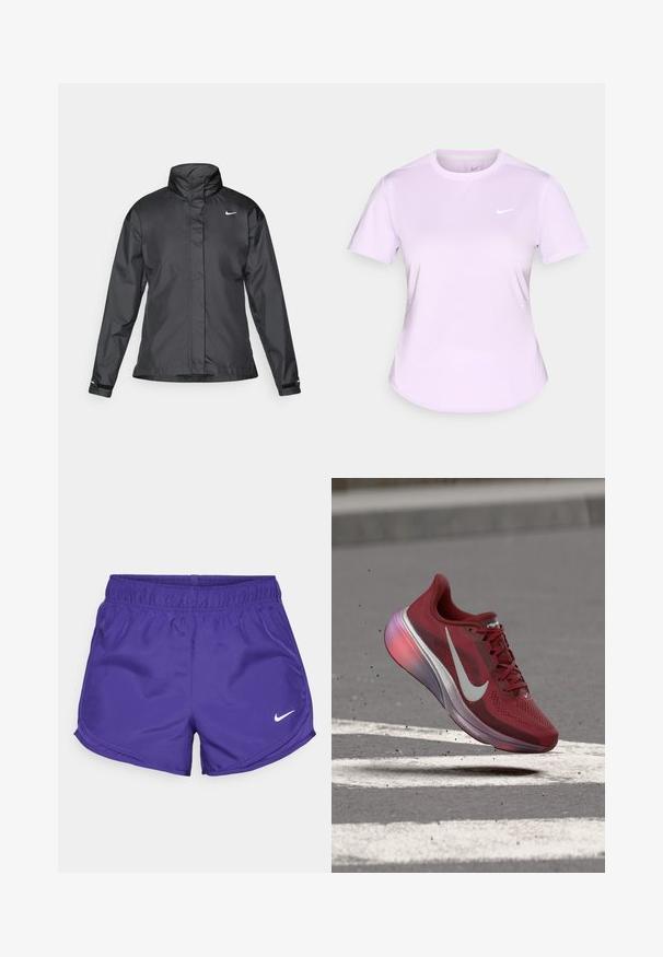 Čierna vetrovka s vysokým golierom, plným zipsom na prednej strane a logom Nike na hrudi; vyrobená z hladkej, ľahkej tkaniny.; Fialové tričko Nike s krátkymi rukávmi, okrúhlym výstrihom, hladkou látkou, jemným logom na hrudi a zaobleným strihom spodného lemu. Elastický strih pre pohodlie.; Fialové športové šortky vyrobené z hladkej látky, s elastickým pásom a bielym logom Nike na spodnej pravej strane.; Červená bežecká topánka Nike s bielym logom, vo vzduchu nad asfaltom s bielymi cestnými značkami, v blízkosti plávajú malé úlomky.