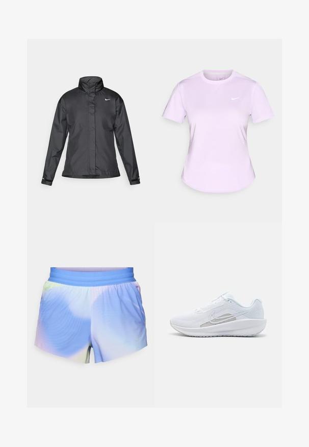 Sort vindjakke med høj krave, fuld lynlås foran og Nike-logo på brystet; lavet af glat, let vævning.; Lilla Nike T-shirt med korte ærmer, rund halsudskæring, glat stof, diskret logo på brystet og buet sømkant. Strækbart fit for komfort.; Letvægts atletiske shorts i en gradient af blå og pastelfarver. Har en elastisk talje og teksturerede mønsterdetaljer.; Hvid træningssko med mesh-overdel, rund tå og tekstureret sål. Har et sølvfarvet Nike-swoosh og et minimalistisk design.