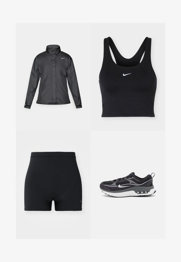 Čierna vetrovka s vysokým golierom, plným zipsom na prednej strane a logom Nike na hrudi; vyrobená z hladkej, ľahkej tkaniny.; Čierna športová podprsenka Nike so širokými ramienkami a bielym logom Nike Swoosh uprostred vpredu.; Čierne športové šortky vyrobené z hladkého, elastického materiálu, s pásom strednej výšky a malým logom Nike na ľavej strane.; Čierne a sivé tenisky Nike s vrchnou časťou z meshu, textúrovanými detailmi, polstrovanou podrážkou a viditeľnou vzduchovou jednotkou v päte.