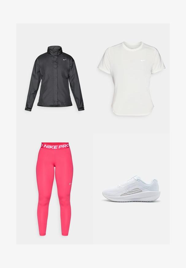 Schwarze Windjacke mit hochgeschlossenem Kragen, durchgehendem Reißverschluss und Nike-Logo auf der Brust; aus glattem, leichtem Material gefertigt.; Nike T-Shirt in Weiß, mit kurzen Ärmeln und rundem Kragen, aus einem glatten, leichten Stoff gefertigt. Verfügt über ein dezentes Logo auf der Brust.; Rosa Nike Pro Leggings mit einem breiten elastischen Bund, der den weißen "NIKE PRO"-Text und ein kleines weißes Logo auf dem linken Oberschenkel zeigt.; Weißer Sport Schuh mit Mesh-Obermaterial, abgerundeter Zehenpartie und strukturiertem Sohlenprofil. Mit einem silbernen Nike Swoosh und minimalistischem Design.