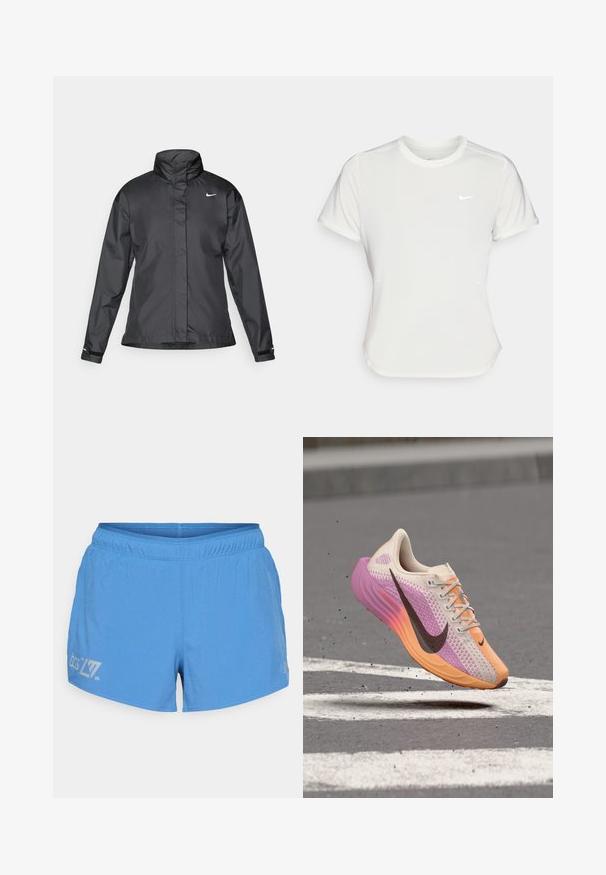 Must mustakate libi, millel on kõrge krae, täispikk tõmblukk ja Nike logo rinnal; valmistatud siledast, kergetest kangast.; Nike T-särk valgetes toonides, lühikeste varrukatega, ümar kaelus, valmistatud siledast ja kergest kangast. Rinnal on peene logo.; Heledad sinine jooksutrikoo, millel on perforeeritud tekstuur, elastne vöökoht ja trükitud logo ning detailid vasakul reiel.; Kerge jooksujalats roosa, oranži ja beeži üleminemisega kootud pealisega, must Nike logoga, õhus õhutoolis jämeda asfaldipõhja kohal, millel on valged teemarked.