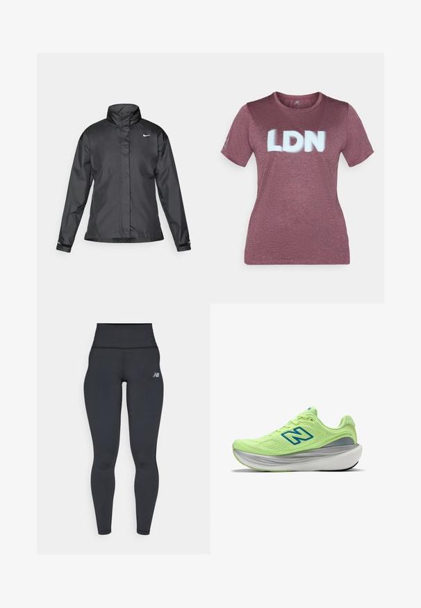 Veste coupe-vent noire avec un col haut, fermeture éclair complète à l'avant et logo Nike sur la poitrine ; fabriquée en tissu lisse et léger.; T-shirt bordeaux en tissu texturé avec des manches courtes. "LDN" imprimé en grandes lettres blanches sur la poitrine. Encolure arrondie.; Leggings de sport noirs taille haute avec un design ajusté, texture lisse et un petit logo blanc sur la hanche gauche.; Chaussure de course vert clair avec une tige en mesh, logo "N" bleu, soutien du talon gris, et semelle blanche épaisse.