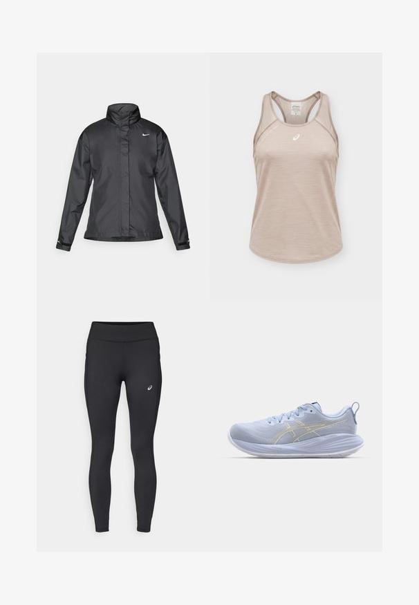 Schwarze Windjacke mit hochgeschlossenem Kragen, durchgehendem Reißverschluss und Nike-Logo auf der Brust; aus glattem, leichtem Material gefertigt.; Beiges ärmelloses Asics Sport-Top mit Racerback-Design und kleinem weißem Logo auf der Brust.; ASICS CORE WINTER - Winter-Tights - performance black; Helleblaue Sportchuhe mit einem strukturierten Obermaterial, weißer Sohle und goldenen Akzentstreifen. Zu den Merkmalen gehören Schnürsenkel und eine Zuglasche an der Rückseite.